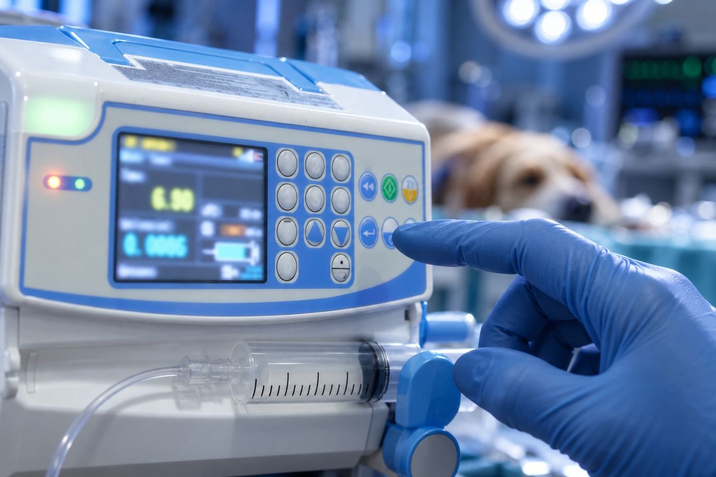 Mão enluvada programando uma bomba de infusão, com um cão anestesiado ao fundo